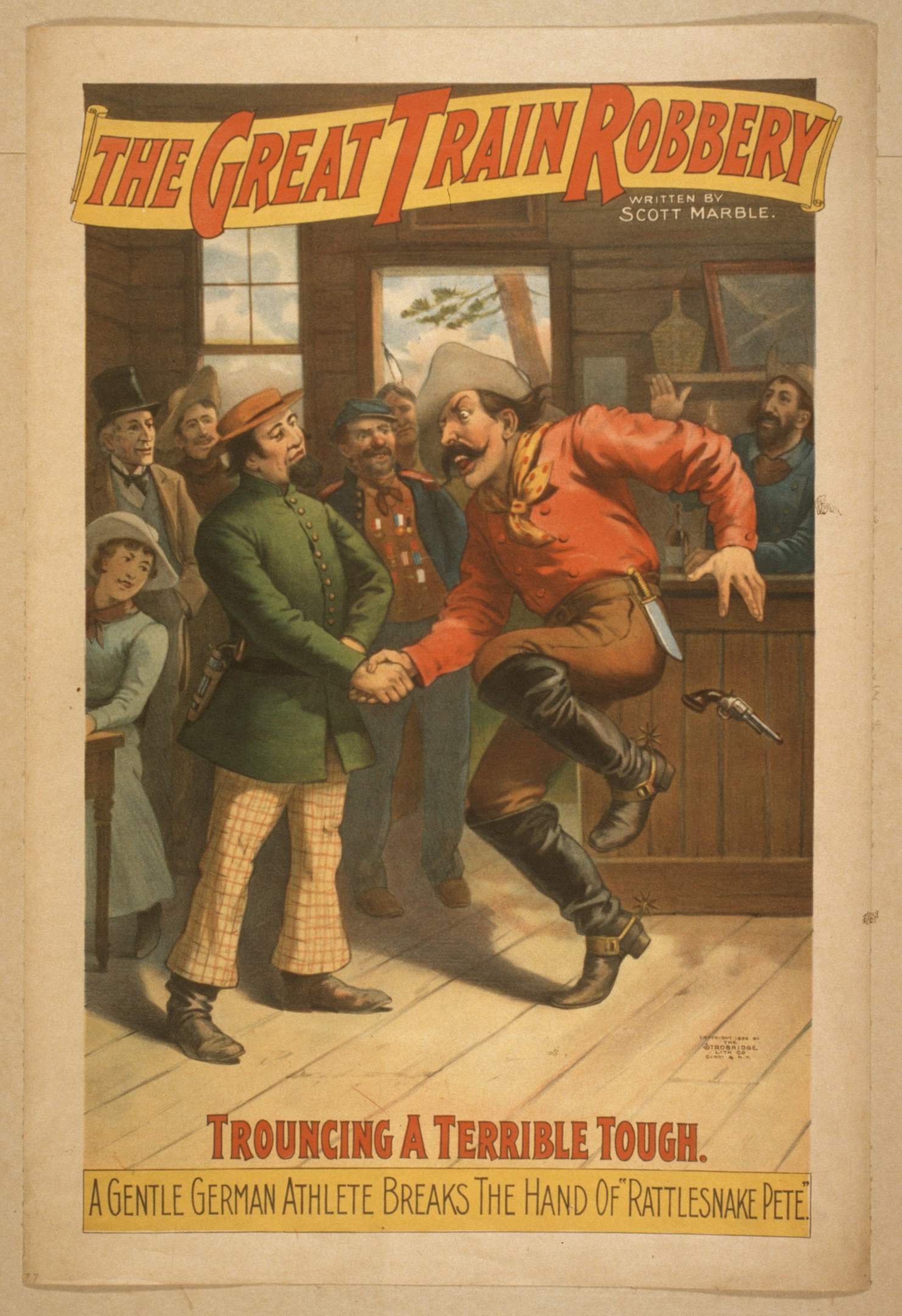 Ein Plakat zeigt eine Gruppe von Menschen, die drinnen stehen, wobei einer eine Waffe hält, ein Fenster und eine Wand im Hintergrund und den Text "Der große Zugraub - Trouching ein Schreckliches Tough" oben und unten.