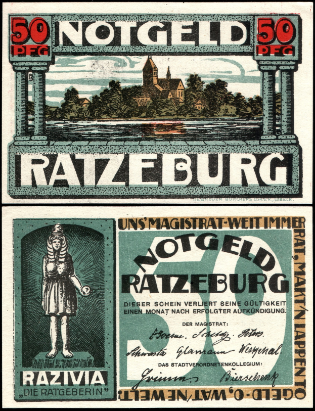 Alte deutsche Banknote mit einer Frau, die vor Bäumen, einem Gebäude und einem Himmel steht, mit dem Text "Ratzburg" sichtbar.