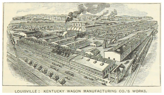 Plakat der Louisville, Kentucky Wagon Manufacturing Co.'s Werke, das Gebäude, Fahrzeuge und Rauch im Hintergrund zeigt, mit Text unten.