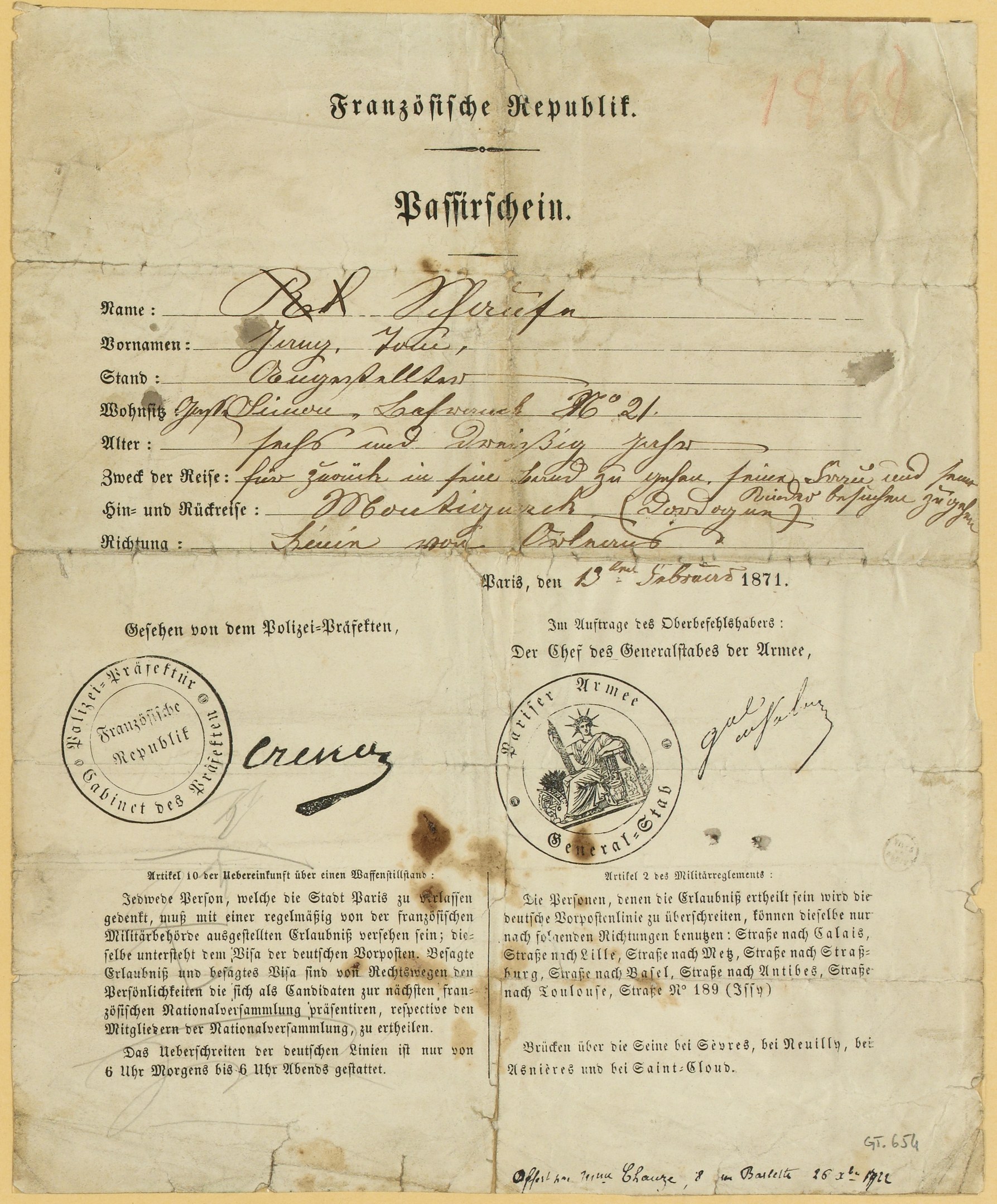 Gelbliches deutsches Regierungsdokument mit einem kreisförmigen schwarzen Randstempel und schwarzer Tinte.