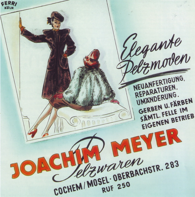 Plakat für die deutsche Mode-Marke Joachim Meyer mit einer Frau in einem eleganten Kleid und Werbetext.