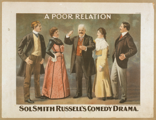 Plakat für "Sol Smith Russells Comedy-Drama: Eine schlechte Beziehung" mit einer Gruppe von locker gekleideten Menschen, die zusammen vor einem hellblauen Hintergrund stehen.