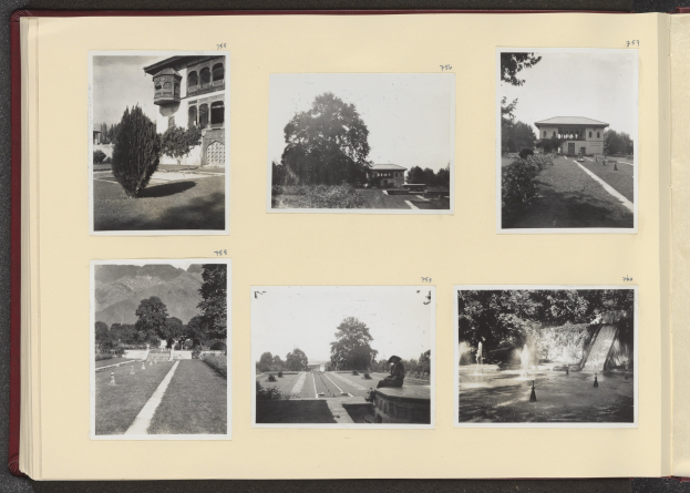 Ein Collage aus Schwarz-Weiß-Fotografien in einem offenen Buch, das Bäume in der Mitte umgeben von Bildern von Gebäuden und einem Brunnen zeigt.