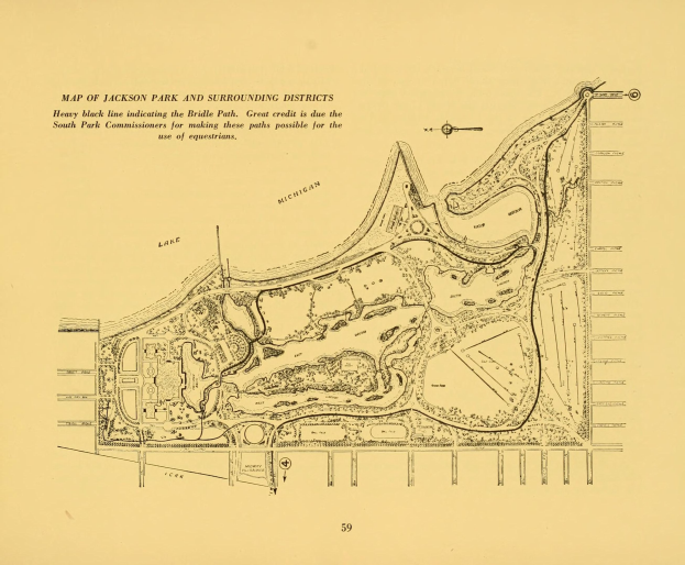 Alte detaillierte Karte von Jackson Park und umliegenden Bezirken mit handgeschriebener Text, die Straßen, Parks und andere Merkmale zeigt.