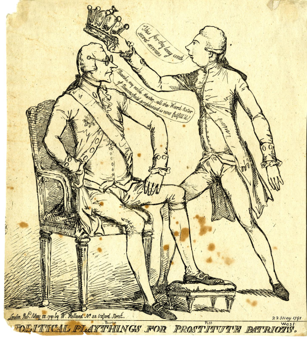 Ein Mann mit einer Krone auf dem Kopf sitzt in einem Stuhl, während eine andere Person neben ihm steht, mit Text unten, der "Politische Spielzeuge für Prostituierte Patrioten" lautet.