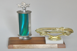 Ein glänzender, detailreicher Pokalwagen auf einer hellen Holzplatte.