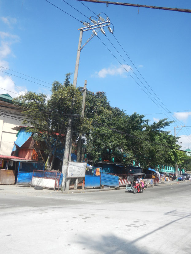 Eine Stadtstraße mit Fahrzeugen auf der Straße, Menschen auf dem Gehweg, Gebäuden und Bäumen an den Seiten und einer bewölkten Himmel im Hintergrund.