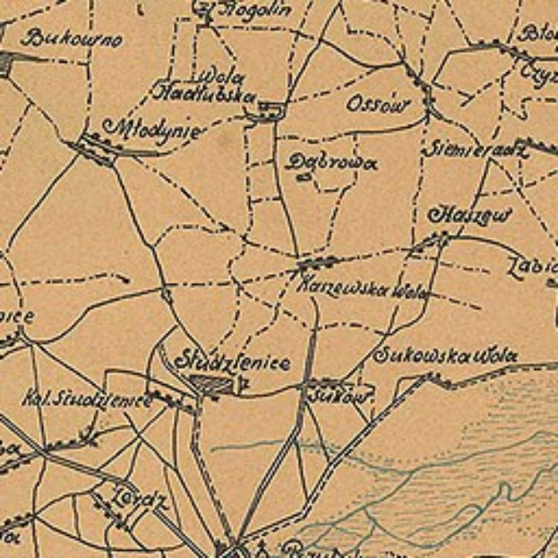 Ausführliche alte Karte von Stadtzenice mit Straßen, Gebäuden, Sehenswürdigkeiten und Text mit zusätzlicher Stadtinformation.