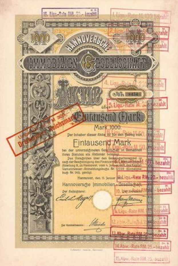 Alter deutscher Wertpapierschein mit rotem Regierungsstempel, mit gedrucktem Text, Zahlen und zusätzlichen Stempeln auf altem Papier.