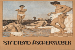 Gruppe von Menschen, die in einem Schwimmbad stehen und sitzen, mit Textwerbung für ein Schwimmbad in Aschersleben, Deutschland.
