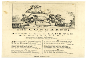 Ein Blatt mit einer Zeichnung einer vielseitigen Gruppe von Menschen in traditioneller Kleidung und dem Text "Der Kongress oder, Vorrichtung zur Senkung der Grundsteuer" in fetter Schrift mit einem dekorativen Rahmen.