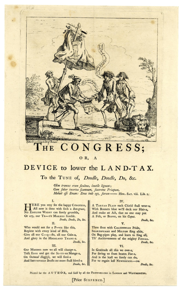 Ein Blatt mit einer Zeichnung einer vielseitigen Gruppe von Menschen in traditioneller Kleidung und dem Text "Der Kongress oder, Vorrichtung zur Senkung der Grundsteuer" in fetter Schrift mit einem dekorativen Rahmen.