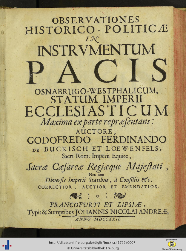 Altes Buch mit dem Titel "Beobachtungen historisch-politisch in Instrumentum Pacis" geöffnet auf einer Seite mit schwarzer Tinte umgeben von einem dekorativen Rahmen.