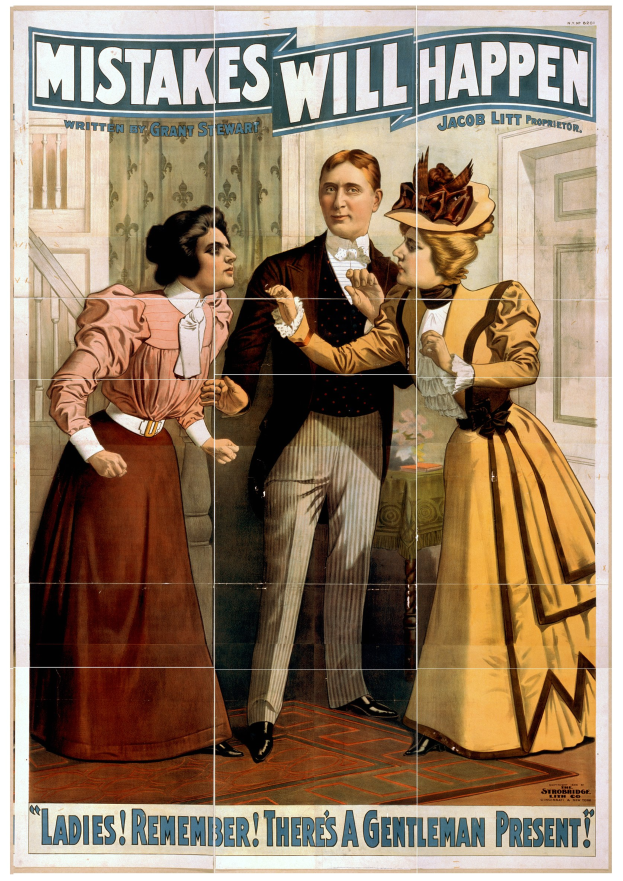 Ein Plakat mit einem Mann in einem Anzug und zwei Frauen in Kleidern nebeneinanderstehend, mit der Aufschrift 'Fehler Passieren' oben.