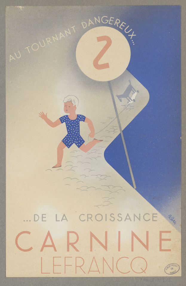 Ein Karnevalplakat in Frankreich mit einer Person in einem hellgelben Kleid, die lächelt, und dem Wort "Karneval" in fetter schwarzer Schrift drumherum.