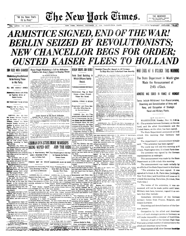 Titelseite der New York Times mit der Schlagzeile "Armistiz unterzeichnet, Ende des Krieges, Berlin von Revolutionären besetzt, neuer Kanzler bittet um Ordnung, entthronter Kaiser flieht nach Holland" mit einem Schwarz-Weiß-Porträt eines Mannes in Anzug.