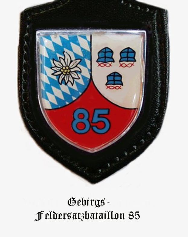 Ein rundes Abzeichen mit der Zahl 85 und deutscher Schrift am unteren Rand, das das Logo der bayerischen Fußballmannschaft darstellt.