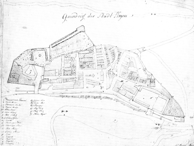 Schwarz-weiß detaillierte Karte von Stadt Sigra, Deutschland, mit zahlreichen Gebäuden und Textinformationen.