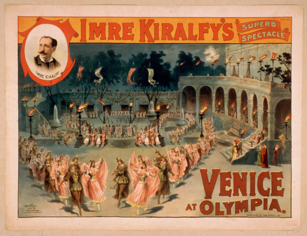 Plakatankündigung für ein Klavierkonzert in Venedig, Italien, mit einem Bild von Gebäuden, Wasser und einer Säule mit Text.