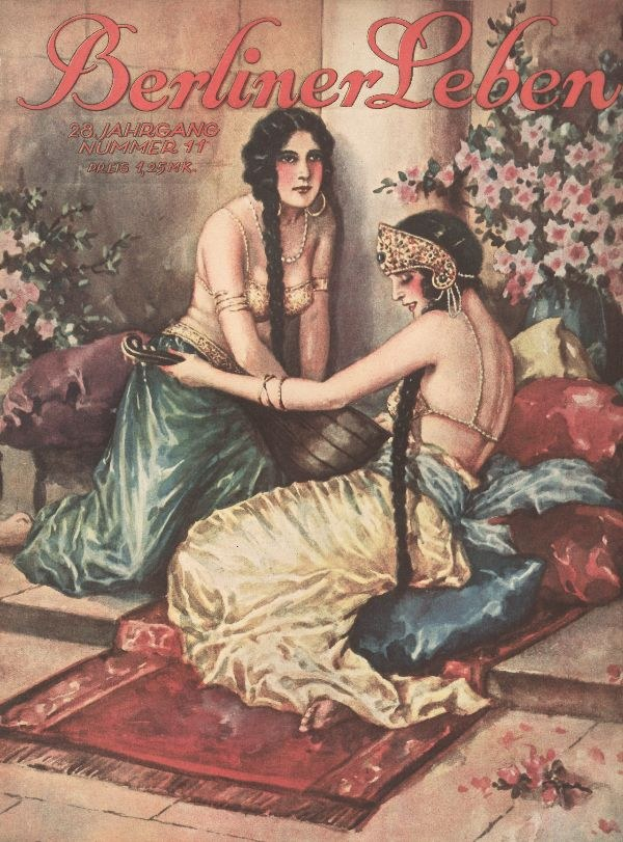 Plakat mit zwei sitzenden Frauen auf einem Bett mit Kissen und Topfpflanzen, betitelt "Berliner Leben Magazine Cover von Oktober 1931" oben.