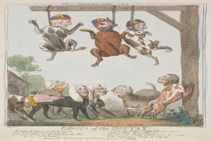 Ein Blatt Papier mit einer Zeichnung einer Gruppe von Menschen und Tieren, darunter ein Hund, der an einem hölzernen Pfahl hängt, und einem Text über die Auswirkungen der Hundesteuer.