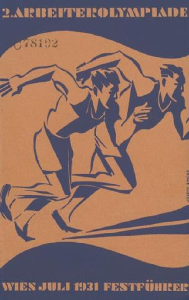 Plakat für die Olympischen Spiele 1932 in Berlin, das zwei Läufer im Vordergrund zeigt.