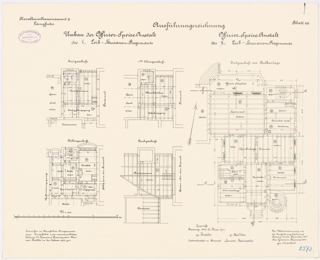 Schwarz-weißer architektonischer Grundriss des ehemaligen Bundeskanzleramts mit detaillierter.Layout und Textanmerkungen.