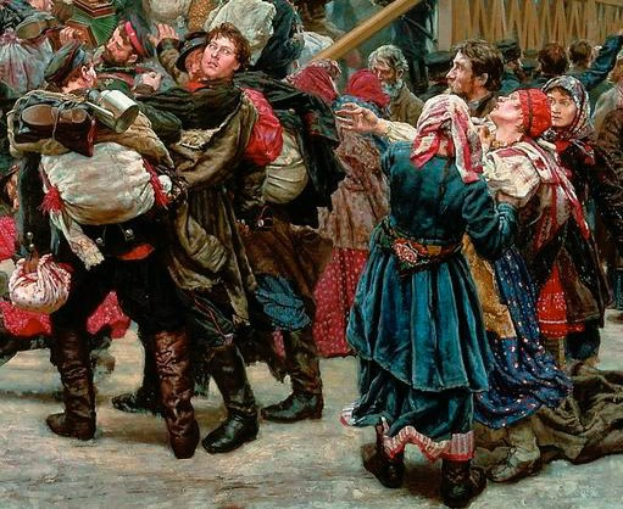 Gemälde, das eine Gruppe von Menschen zeigt, die vor einer Menge tanzen, dabei Gegenstände in den Händen halten und vor einem hölzernen Haus im russischen Revolutionärstil tanzen.