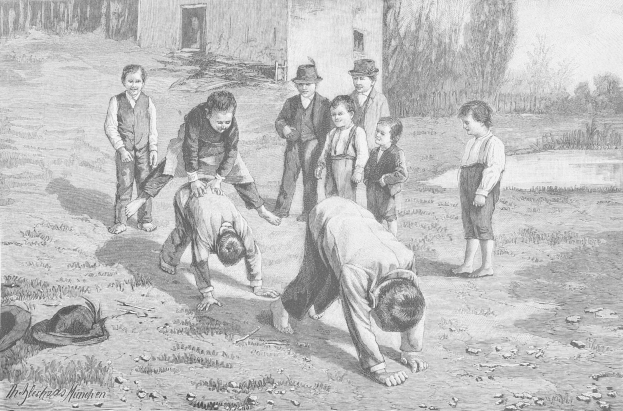 Eine Gruppe von Kindern auf einem Feld, mit zwei Jungen in der Mitte, die k├Ąmpfen, umgeben von anderen Kindern, die zuschauen; ein Hut und Text sind links zu sehen, alles in Schwarz-Wei├č dargestellt.