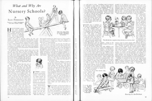 Offenes Buch mit einer Zeichnung von Kindern, die in einer Kita spielen, mit Text, Bildern der Kinder und einer Tabelle mit verschiedenen Gegenständen.