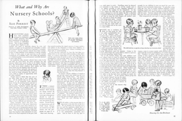 Offenes Buch mit einer Zeichnung von Kindern, die in einer Kita spielen, mit Text, Bildern der Kinder und einer Tabelle mit verschiedenen Gegenständen.