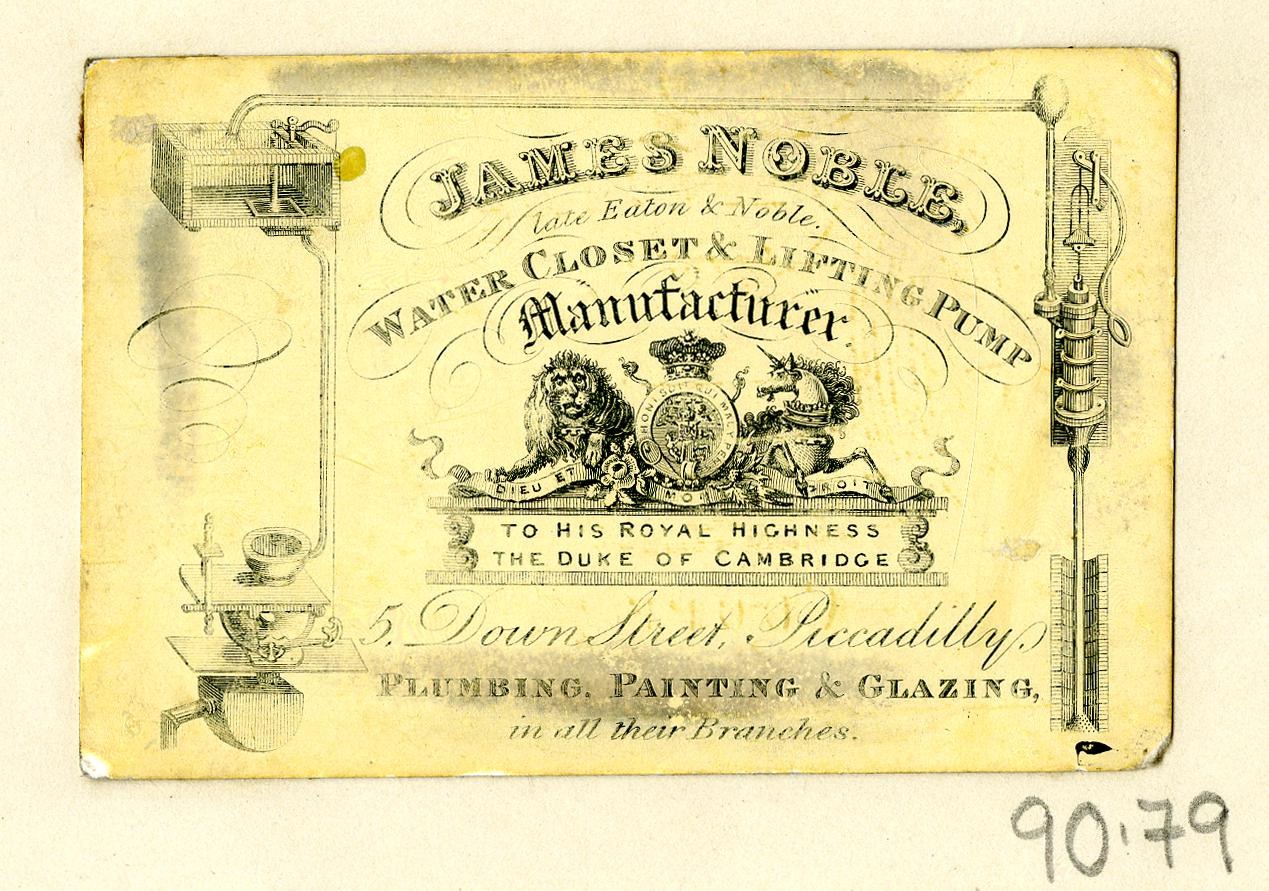 Visitenkarte für James Noble Water Closet & Lifting Pump Manufacturer mit Produktbeschreibungstext.