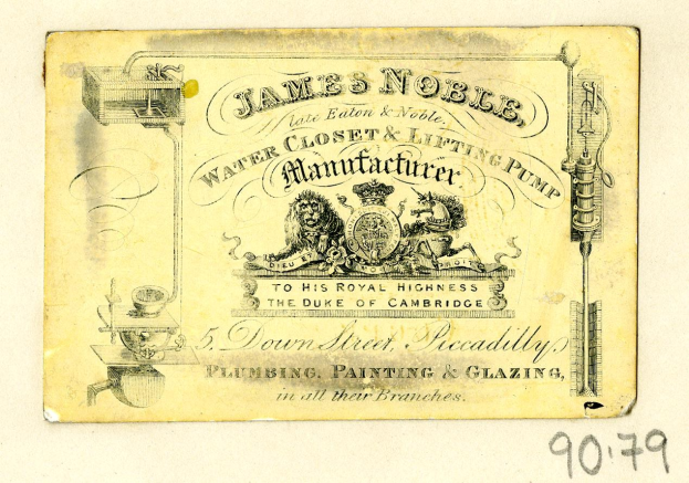 Visitenkarte für James Noble Water Closet & Lifting Pump Manufacturer mit Produktbeschreibungstext.