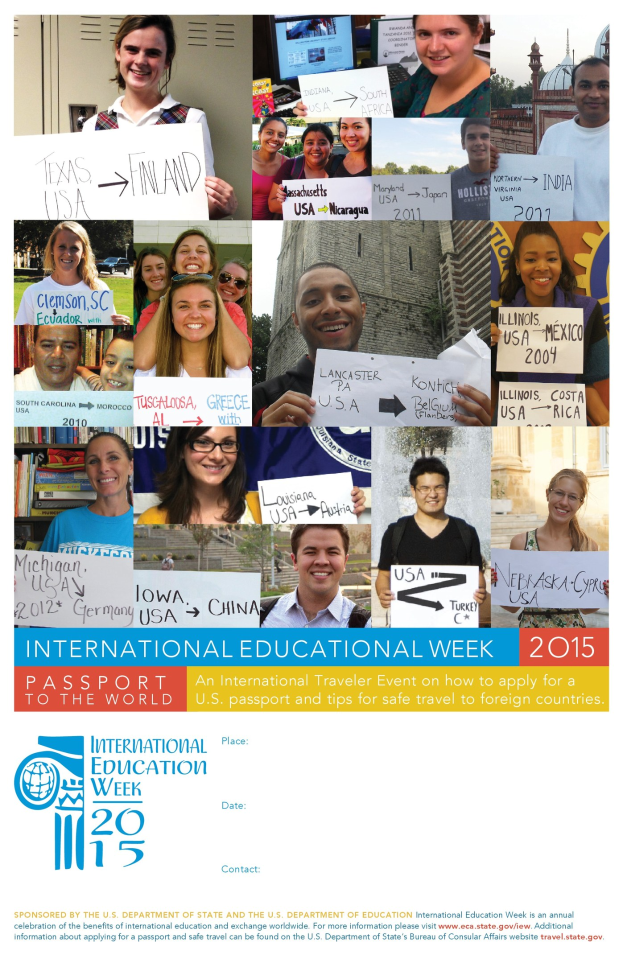 Plakat für die International Education Week 2015 mit einer Gruppe strahlender Menschen, die Schilder mit eventbezogenen Texten halten.