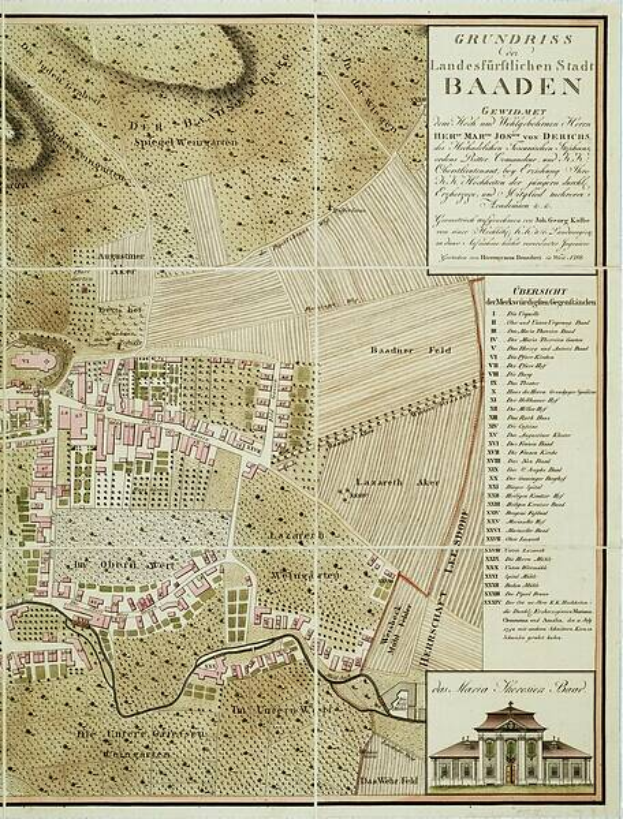 Ein detaillierter alter Stadtplan von Baden-Württemberg, Deutschland, der Straßen, Gebäude und Sehenswürdigkeiten zeigt, mit Text, der zusätzliche Stadtinformationen bereitstellt, und einem Gebäude in der rechten unteren Ecke abgebildet.