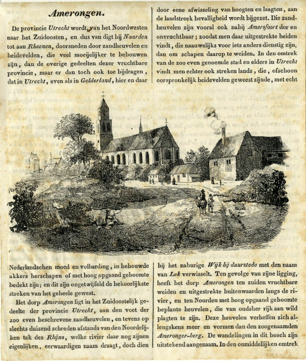 Ein altes Buch mit einer Zeichnung eines Dorfes mit Häusern, Bäumen und Menschen sowie beschreibendem Text.