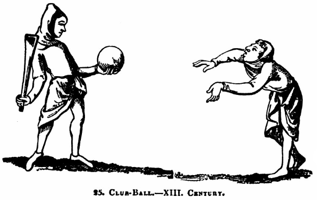 Schwarze und weiße Zeichnung von zwei Männern, die Fußball spielen, wobei einer einen Ball hält, mit Text unten.