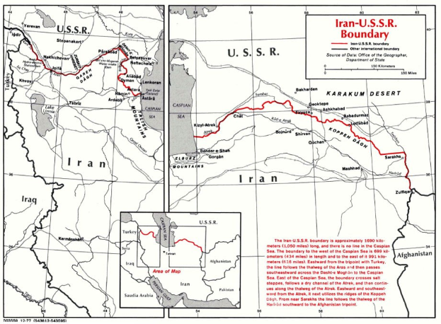 Detailierte Wandkarte des iranisch-sowjetischen Grenzverlaufs, zeigt geografische Merkmale, Landesgrenzen und zusätzliche Textinformationen.