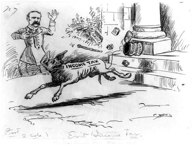 Zeichnung eines Mannes, der vor einem Hund wegrennt, der auf der rechten Seite mit der Aufschrift "Einkommensteuer" beschriftet ist, mit verstreuten Gegenständen im Hintergrund.