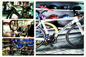 Ein Collage mit verschiedenen Fahrrädern und Helmen.