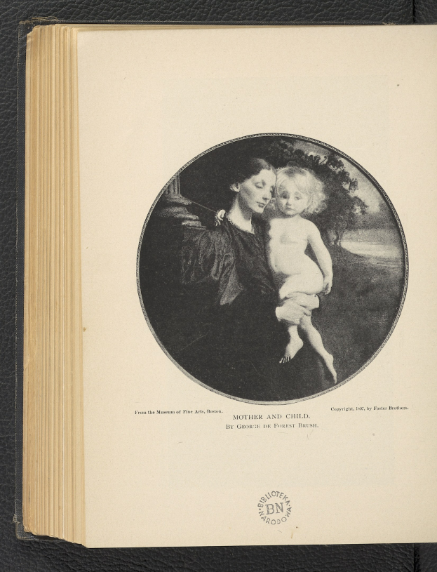 Ein aufgeschlagenes Buch mit einer Illustration einer Frau, die ihr Baby liebevoll h├Ąlt, wobei beide z├Ąrtliche Ausdrücke zeigen, und der Titel "Mutter und Kind" auf der Seite zu sehen ist.