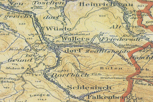 Ein detailliertes altes Stadtplan von Schlesisch, Deutschland, das die Schlacht von Wallers-Friedersdorf mit Text und Zahlen hervorhebt und Straßen, Gebäude und andere Gebietseigenschaften zeigt.