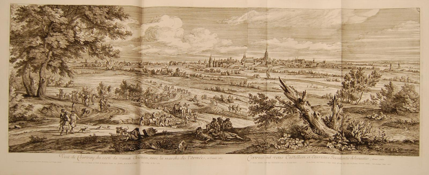 Offenes Buch mit dem Titel 'Ansicht der Schlacht von Castellum und Castellium aus der Illustrated London News', das eine historische Schlachtenszene mit Soldaten, Bäumen, Gebäuden und Wolken zeigt.