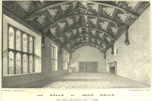 Alter Architekturplan des Innenraums von John Hales Halle, der Decke, Wände, Fenster und eine Tür zeigt, mit Text unten.