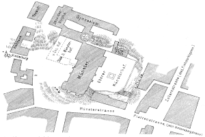 Schwarze und weiße Stadtplan-Karte von Münsterstrasse, die Straßen, Gebäude und andere Merkmale zeigt.