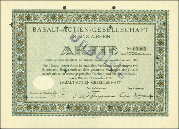 Rahmung alter Aktienbrief der Basalt-Actien-Gesellschaft in Linz, Deutschland, mit sichtbarem Text.