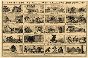 Cartoon-stil-Illustrationen und fett gedruckter Text auf einem Papier, das die Titelseite des Mietrechts darstellt, eingerahmt von einem dekorativen Rand.