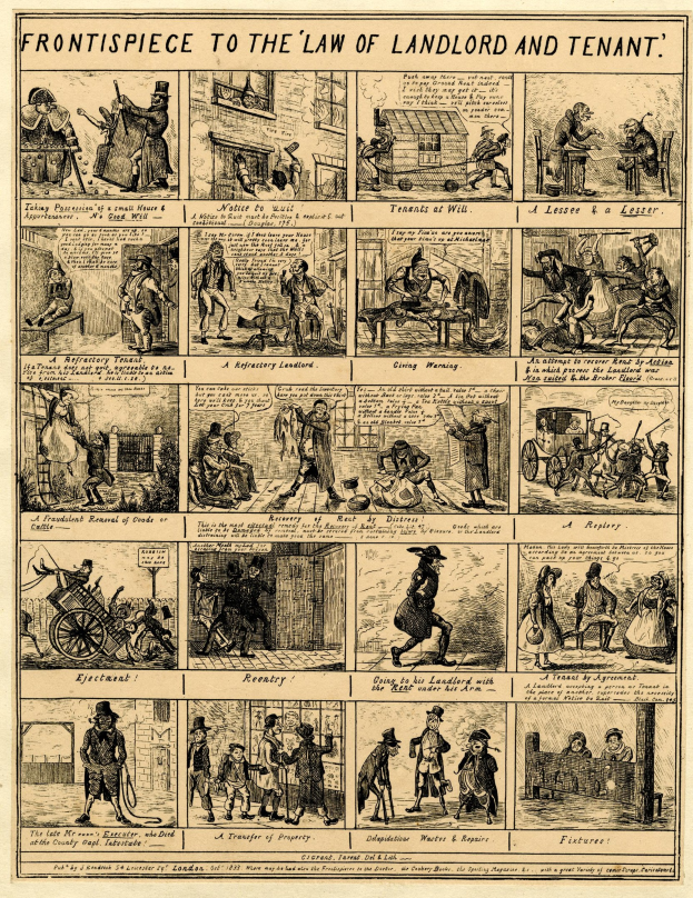 Cartoon-stil-Illustrationen und fett gedruckter Text auf einem Papier, das die Titelseite des Mietrechts darstellt, eingerahmt von einem dekorativen Rand.