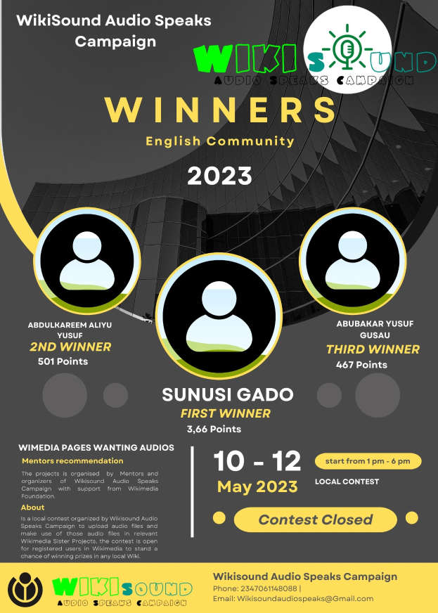 Ein buntes Plakat mit einem blauen Hintergrund und gelben und weißen Buchstaben, die "Gewinner" in fetter Schrift lesen.