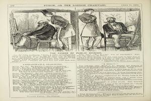 Ein altes Buch mit einer Zeichnung eines Mannes in einem Anzug, der in einem Stuhl sitzt und eine Frau neben ihm steht, beide mit ernsten Gesichtern, betitelt mit "Die Macht der öffentlichen Meinung".